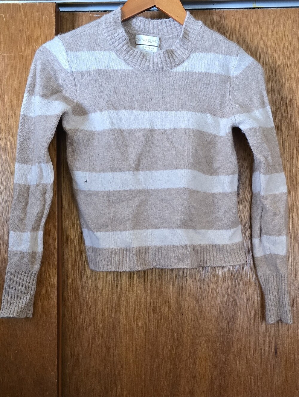 Cynthia Rowley Striped Cashmere Blend Crewneck Sweater Tan Cream Small Hole